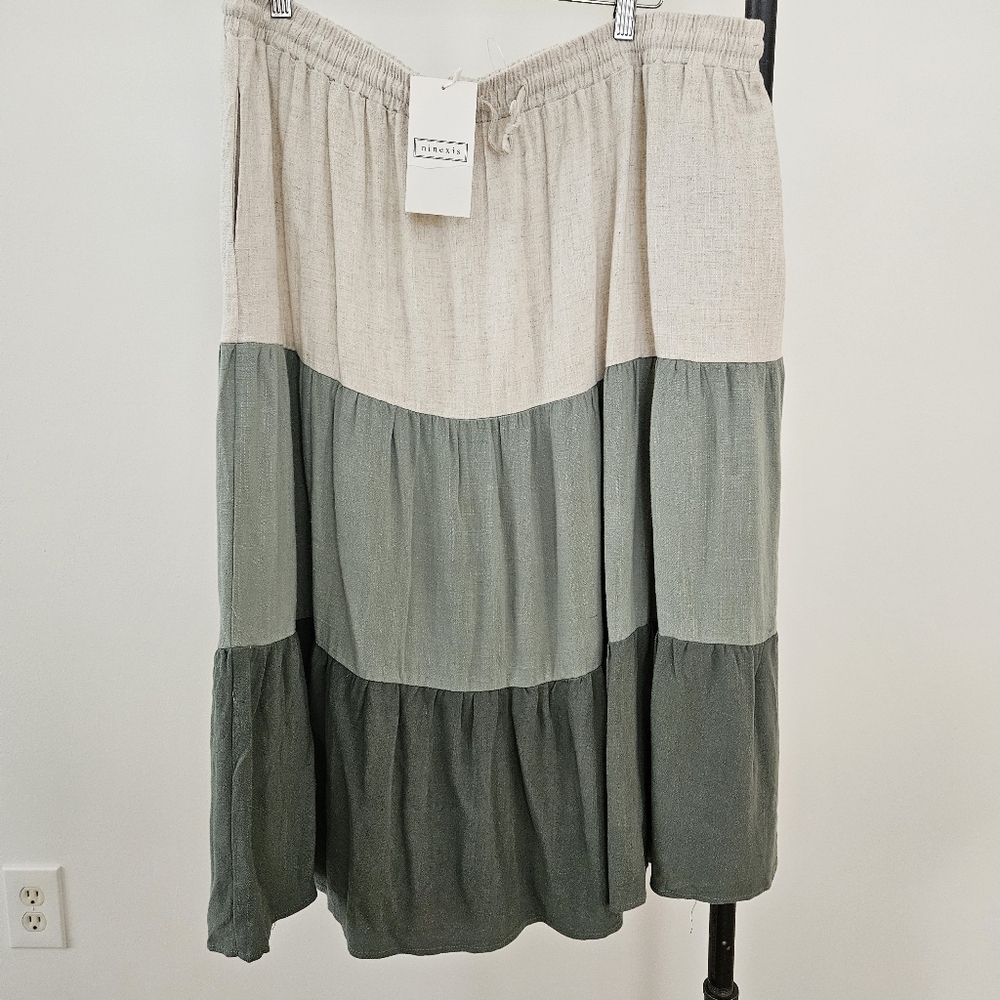 Ninexis Skirt 3X Plus Size Tiered Midi Green Cream Cotton & Linen Pockets NWT
